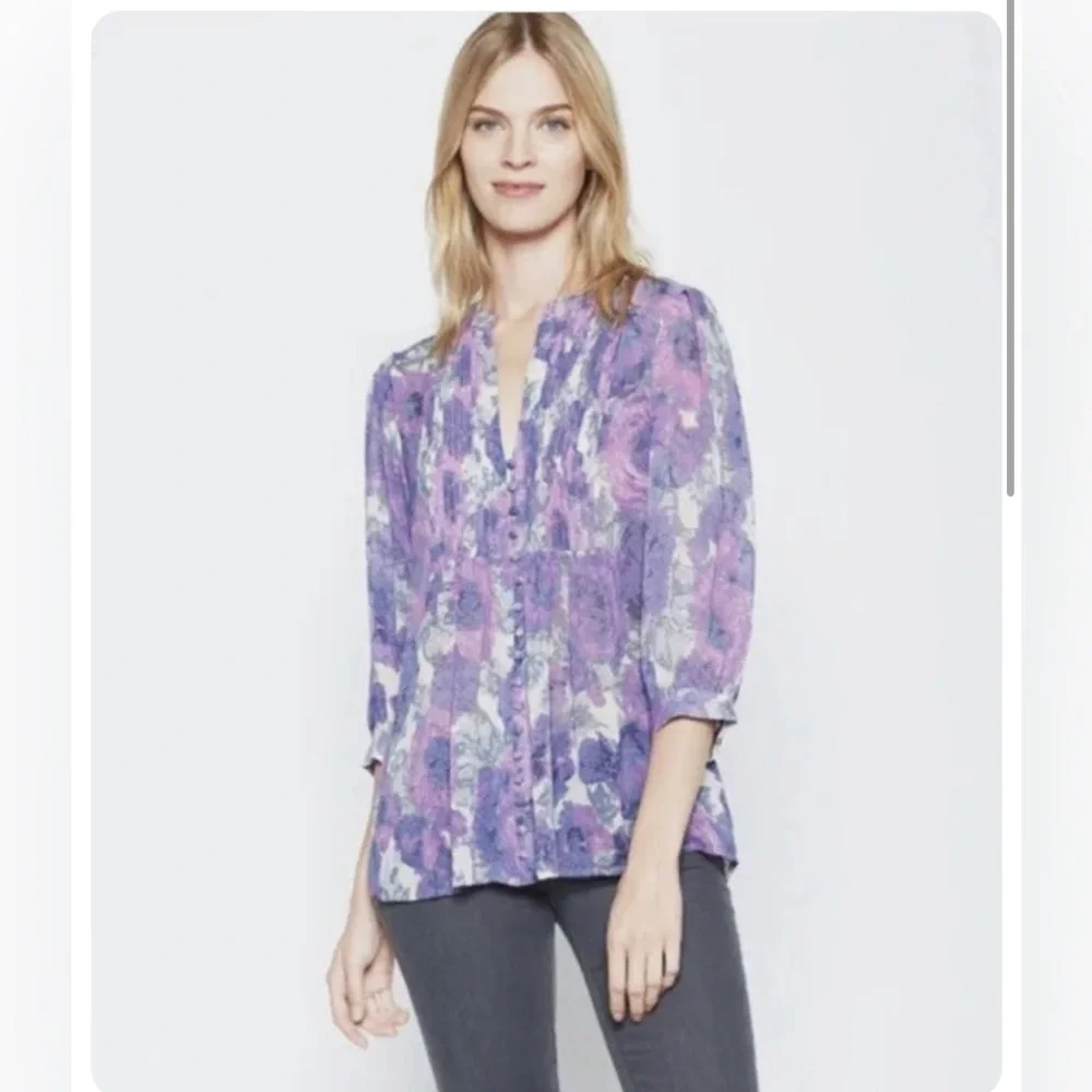 Joie purple floral 100% silk 3/4 sleeve button front top blouse size XS - Picture 2 of 13